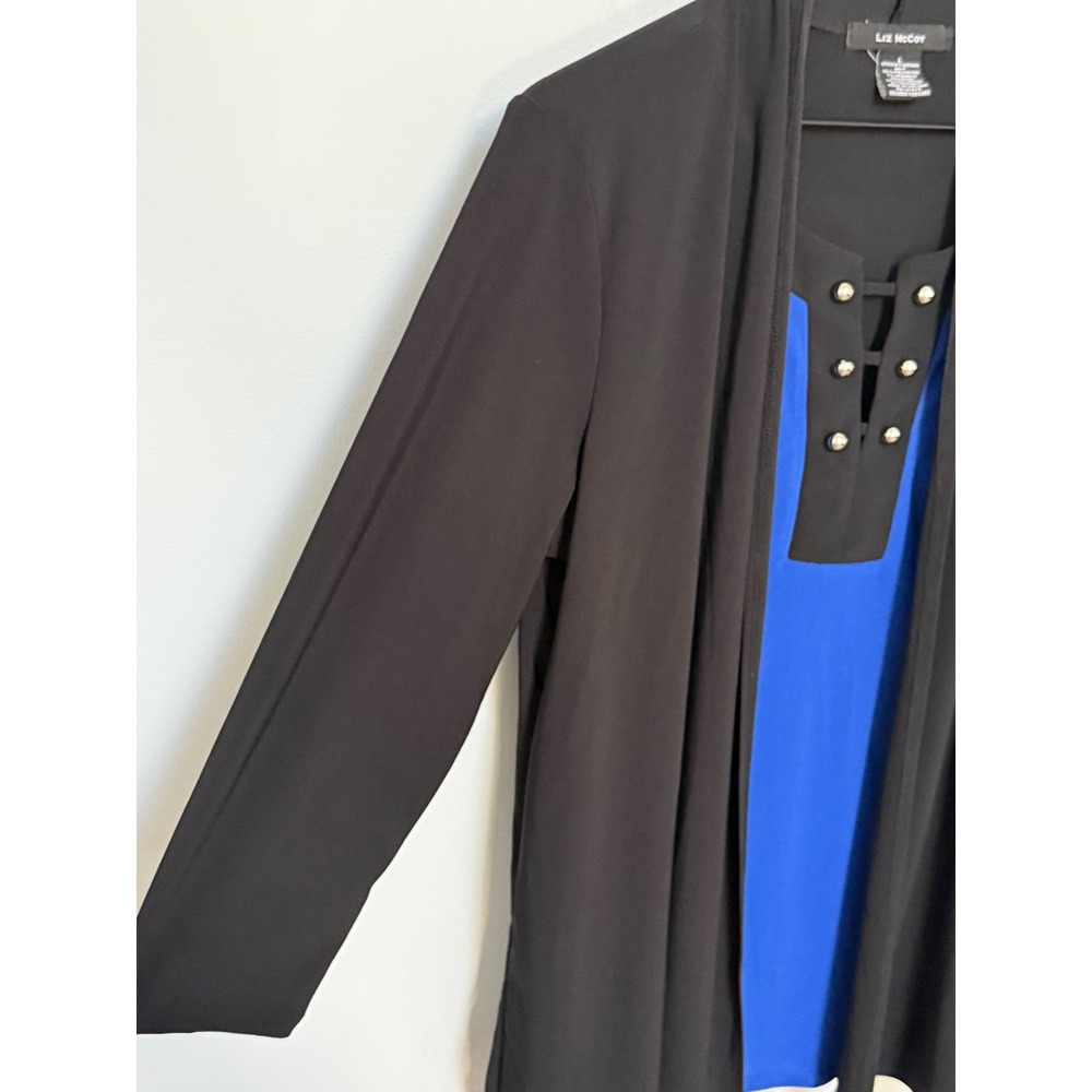 Liz McCoy Women's Cardigan Top Layered Studded Lattice Black Royal Blue Size L - Picture 6 of 9